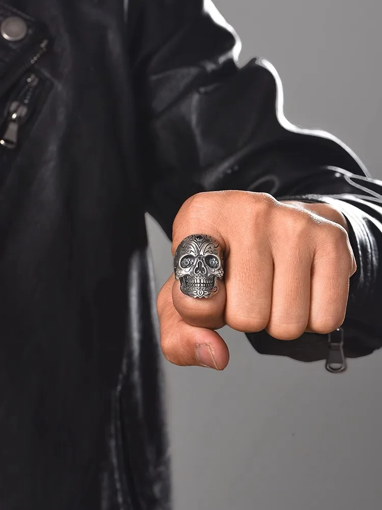 Anillo de plata de ley con calavera para hombre, diseño de moda de Instagram, nicho sense boys, high street, retro, dedo índice