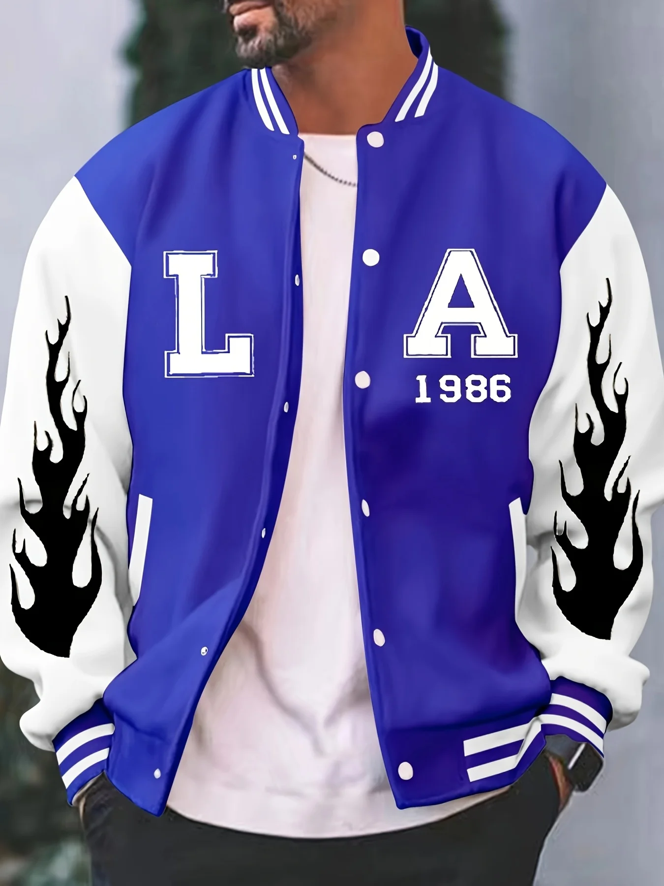 

Men's Black and White Flame 1986 Letter Casual Baseball Jacket Suitable for Casual Wear, Fashionable Casual Jacket