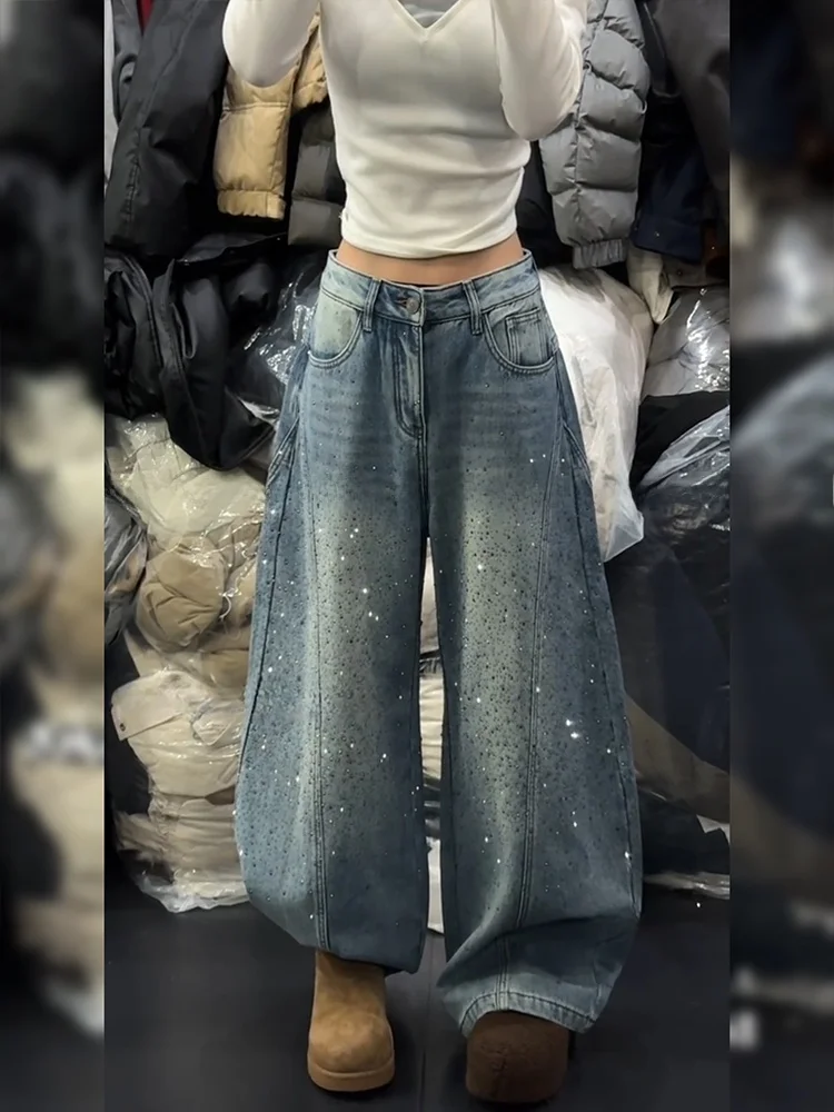 

Американские ретро-джинсы свободного кроя для женщин, сексуальные, с блестящими стразами, в пол, с высокой талией, в винтажном стиле, однотонные