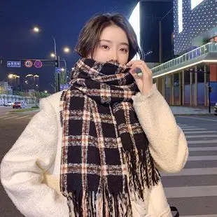 

New Plaid Faux Cashmere Scarves for Women & Men, Autumn Winter Thick Warm Shawl , Fringe Hijab Long Plain Hair Wrap for Couples