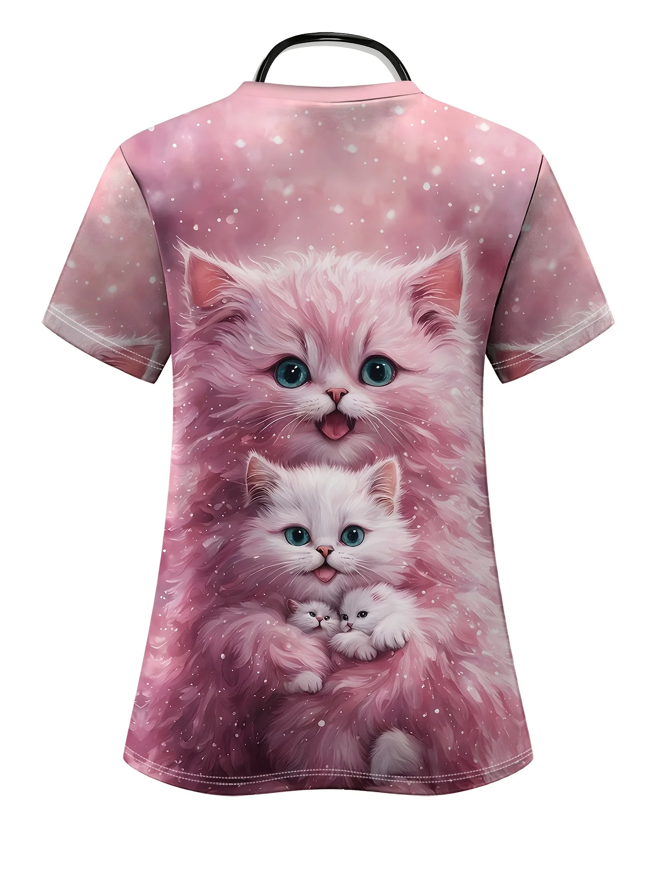 女性用医療ユニフォーム 3D花柄＆猫プリント Vネックスクラブトップ - ピンク半袖ナースユニフォーム ポケット付き手術着