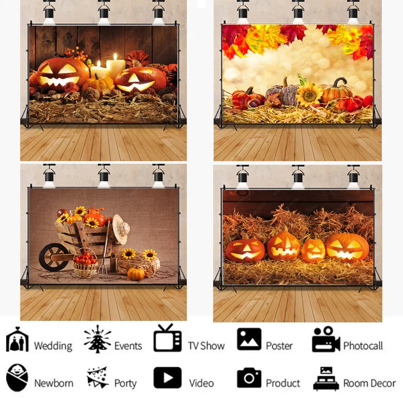 

Vinyl Halloween Background Autumn Pumpkin Farm Haystack Fallen Leaves Baby Portrait Photography Studio Prop Background NG-01