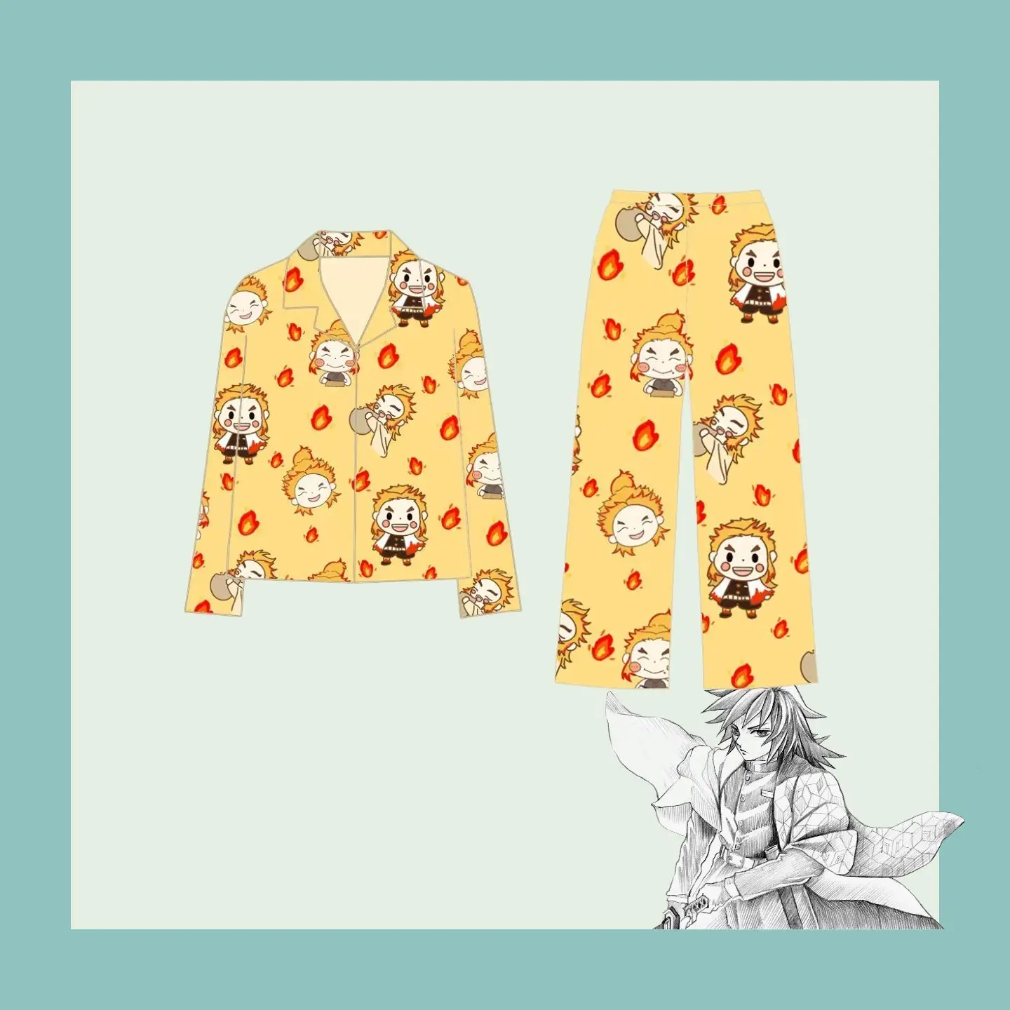 Demon Slayer Series Sleep Outfit Tokito Muichiro Pajama Set Long Sleeve Button Down Blouse Long Trouser Household Night Clothing