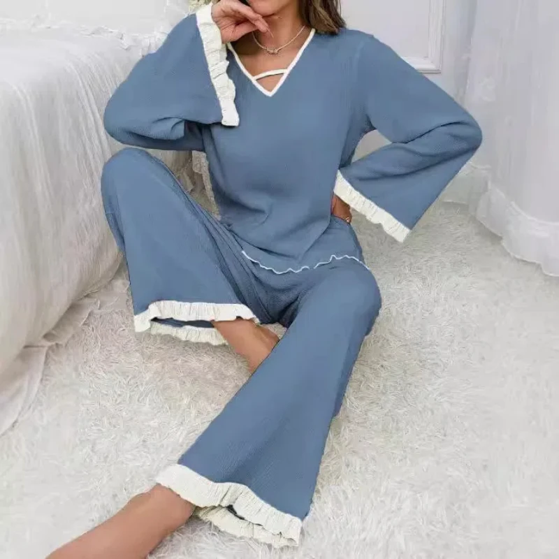 Sleepwear Set for Women 2024 Lace Loungewear 2 Piece Women's Loose Long Sleeved Pullover Pajama Suit Set