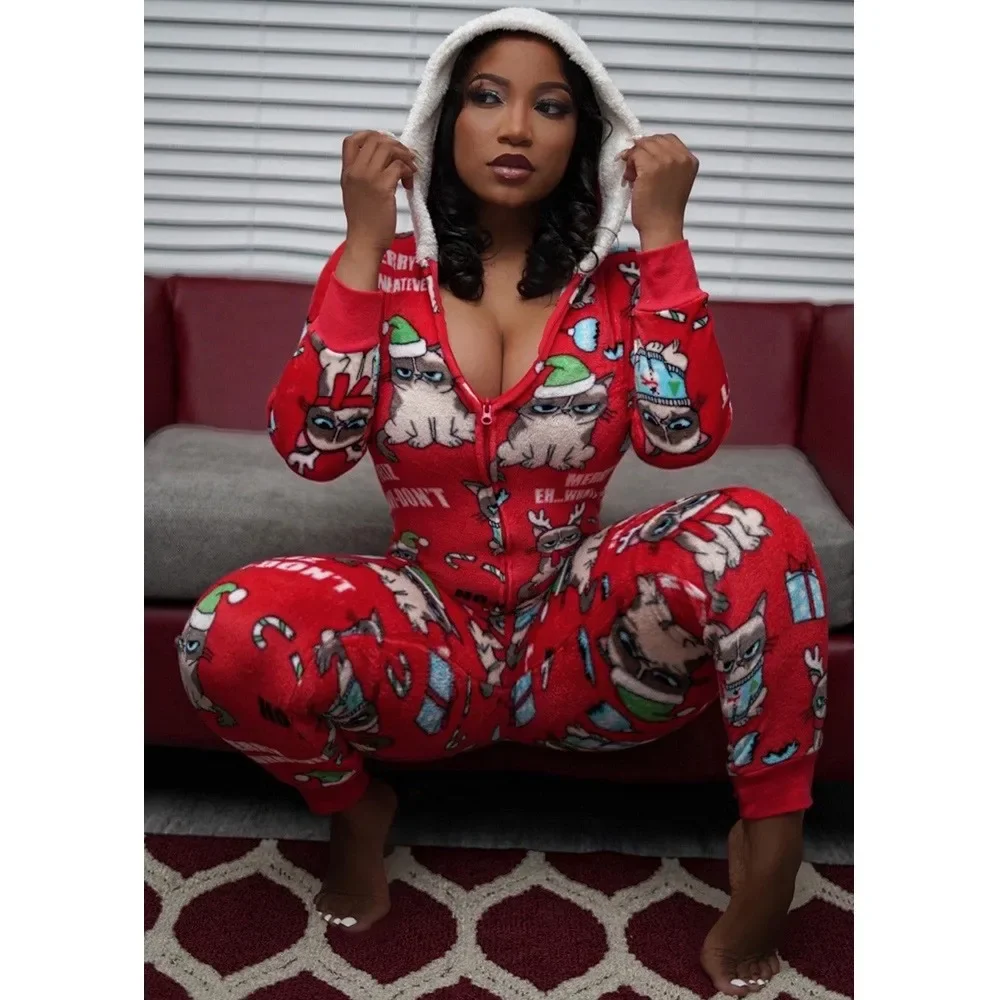 

Women's Fashion Striped Fun Pattern Contrasting Color Printed Jumpsuit Autumn and Winter Women's Zipper Christmas Home Jumpsuit