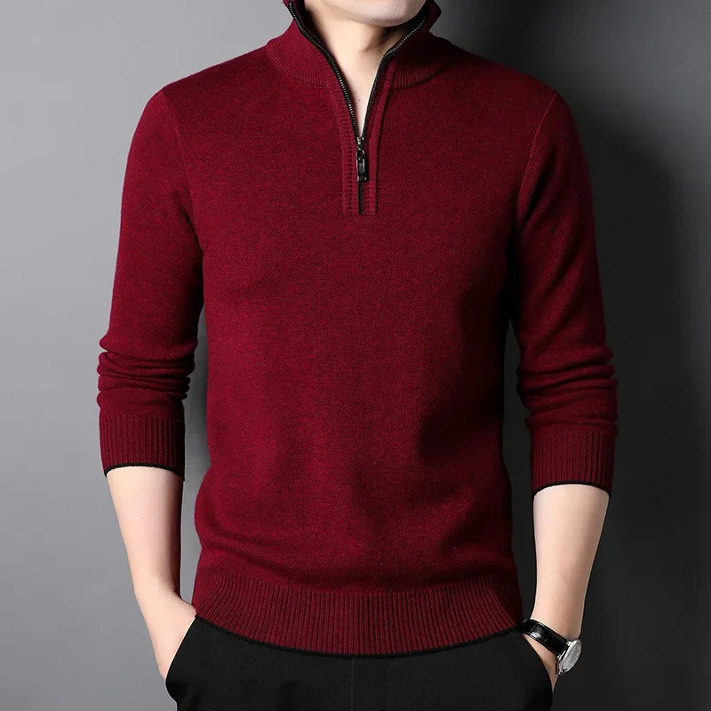 Men's Sweater Pure Wool Half Zipper Turtleneck Bottoming Shirt High-End Extra Thick Warm Pullover