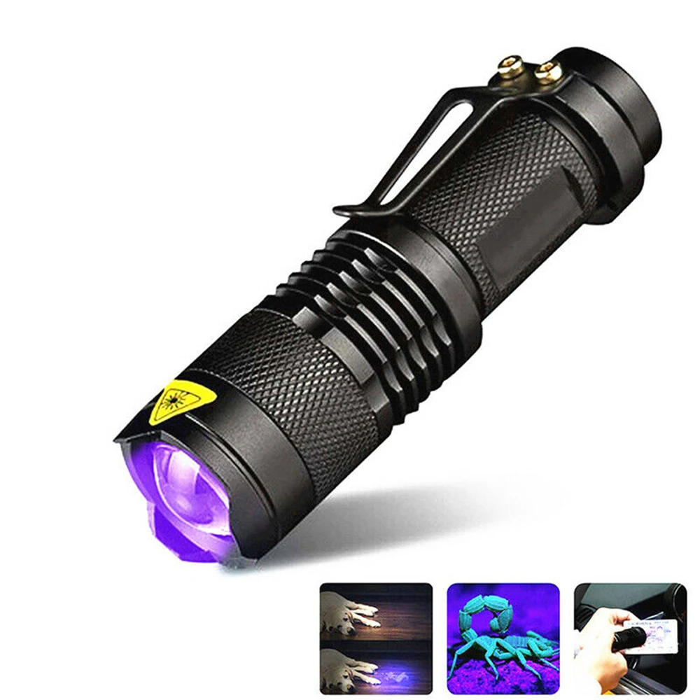 Zoomable LED Lanterna UV, Tocha Ultravioleta, Luz Negra, Pet Detector de Manchas de Urina, Escorpião, Caça, Alimentado por Bateria, 365, 395nm