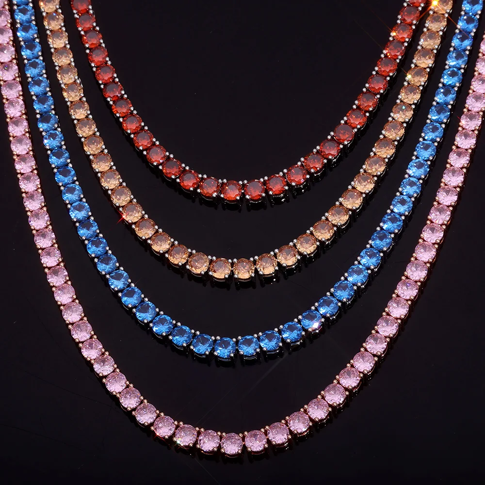 2026 Tennis Chain Necklace for Women Luxurious Pink Diamonds Shiny Men Brass Silver Plated Ice Chain Hip Hop Jewelry