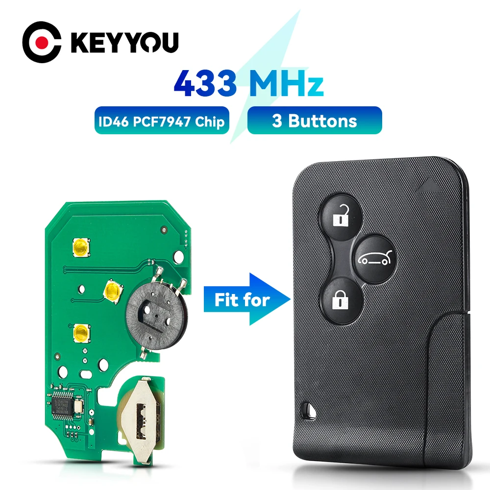 KEYYOU 3 Button 433Mhz Smart Card Remote Key Circuit Board For Renault Clio Logan Megane 2 3 Scenic ID46 PCF7947 Chip