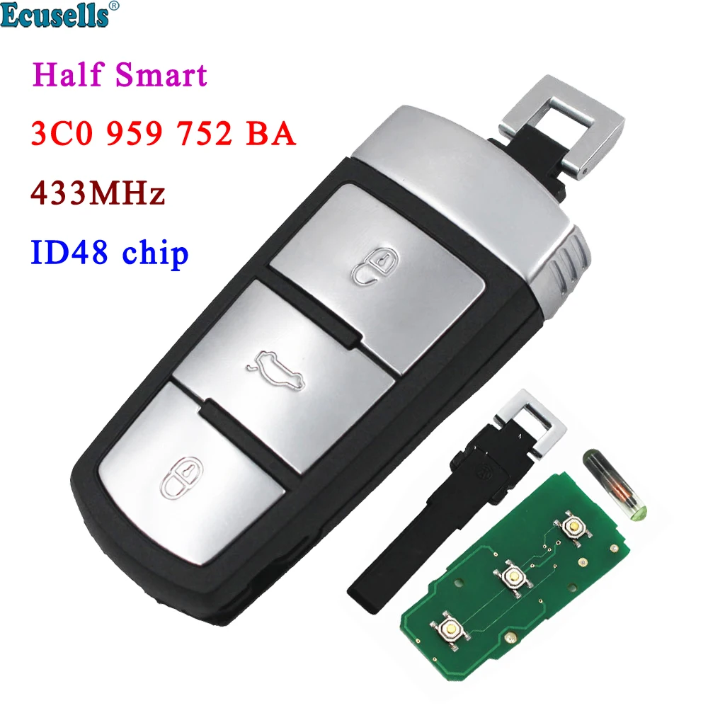 Ecusells 3 Buttons Half Smart Remote Car Key Fob for   3C0 959 752 BA 433mhz ID48 Chip for  Passat B6 Magotan CC