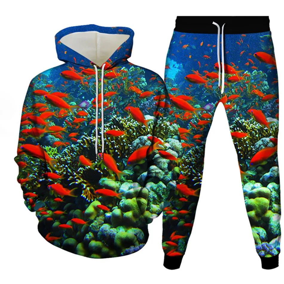Vis 3D Gedrukt Hoodie Pak Herfst Mannen Sweatshirts Hoodies Joggingbroek Casual Mode Tweedelige Trainingspak Set Man Kleding