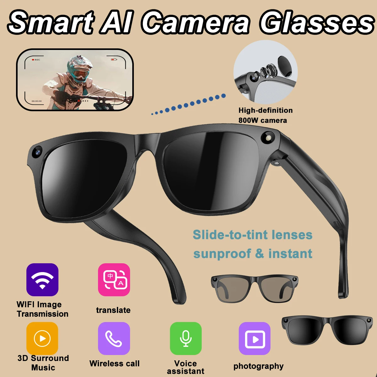 

New 4K Smart AI Bluetooth Glasses HD 800W pixel Shooting Waterproof Camera Photo Video Voice Call Translation Smart Glasses