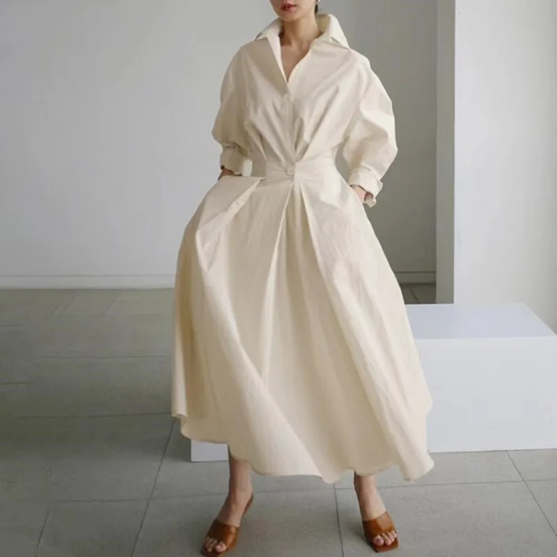 

Luxury Women Spring Summer Sundress Lapel Long Sleeves Black White Dress Design Long Shirt Dress Robe Vestidos Lady Streetwear