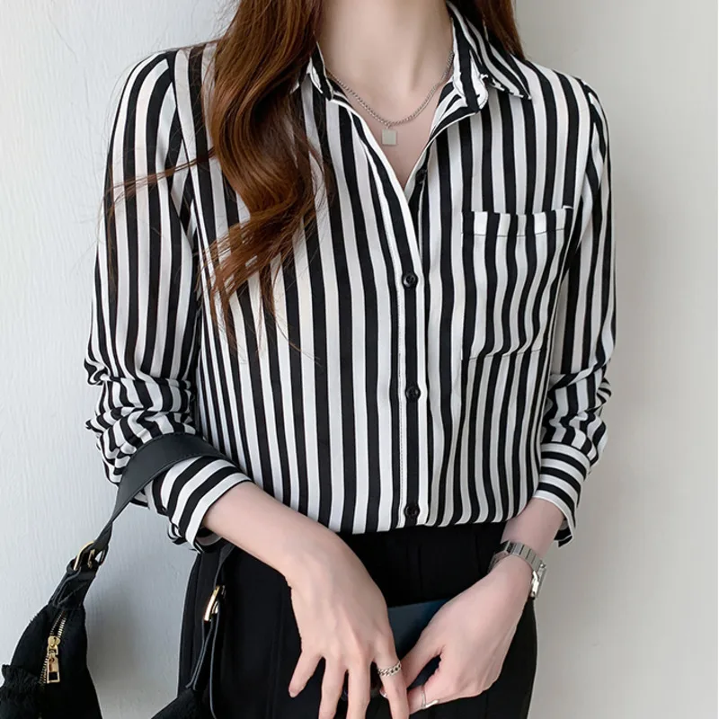 #3248 Office Shirts Women Black And White Striped Shirt Long Sleeve Slim Fit Chiffon Womens Tops And Blouses Pockets Elegant