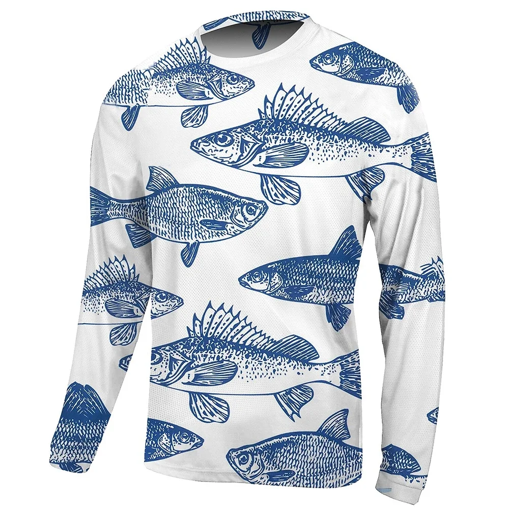 2024 Men's Fishing Shirt Long Sleeve Swimming Fish Print Outdoor Running Training Breathable O Neck T-Shirt Fishing Clothing