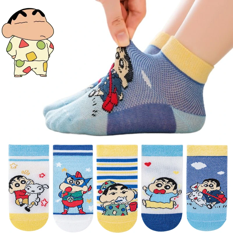 5 uds Crayon Shin chan calcetines para niños Clase A algodón verano transpirable y olor lindo calcetines para niños periférico de animé regalo