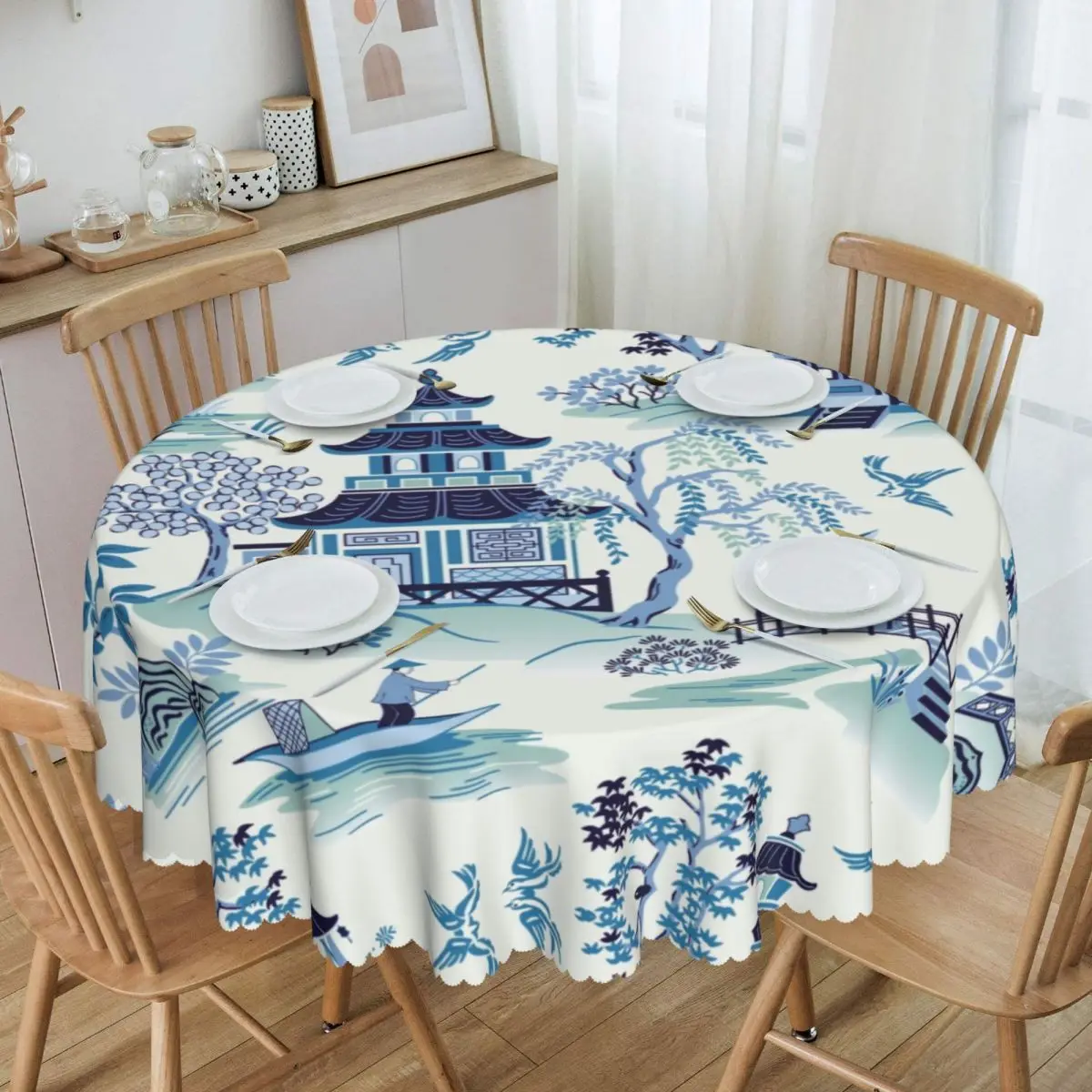 

Round Waterproof Chinoiserie Pagoda Blue Antique Willow Ware Table Cover Oriental Tablecloth for Picnic 60 inches Table Cloth