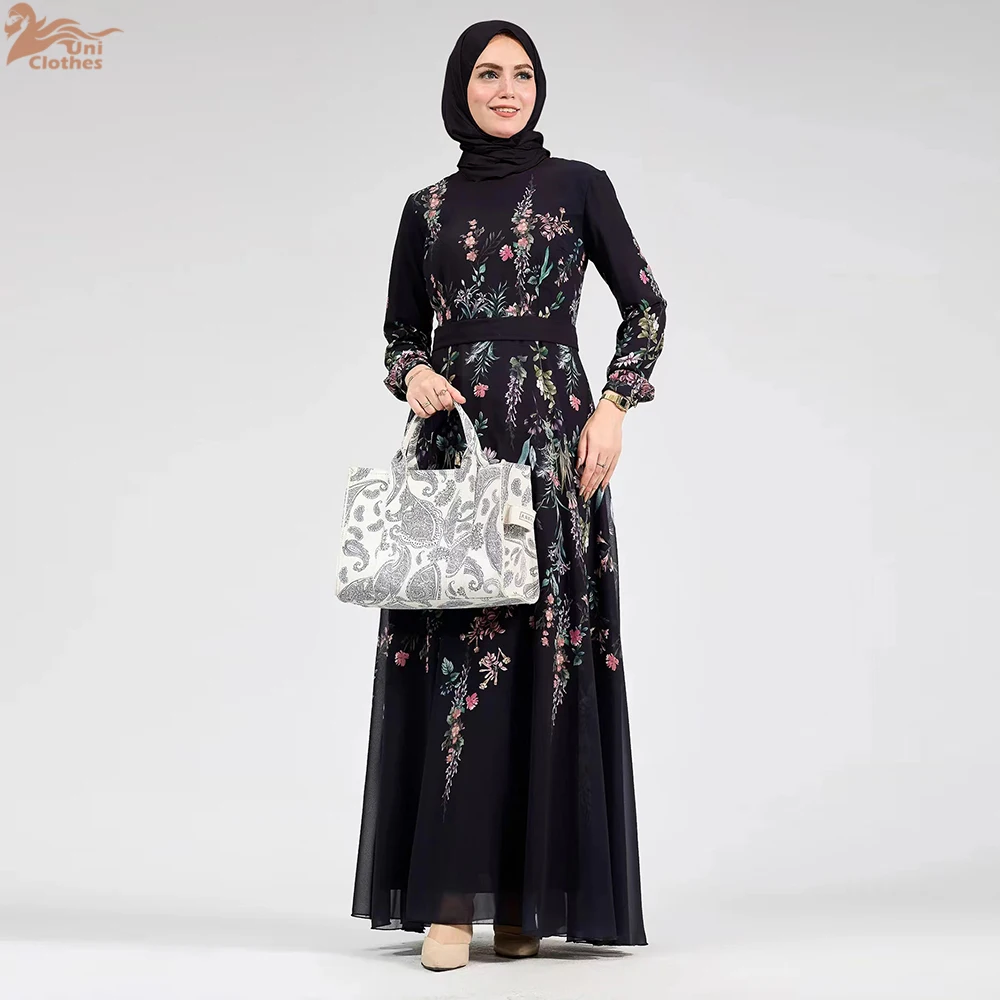 2025 Elegant Chiffon Printed Floral Long Dress Classic Black Abaya with Lining Party or Daily Wear Muslim Women Dresses