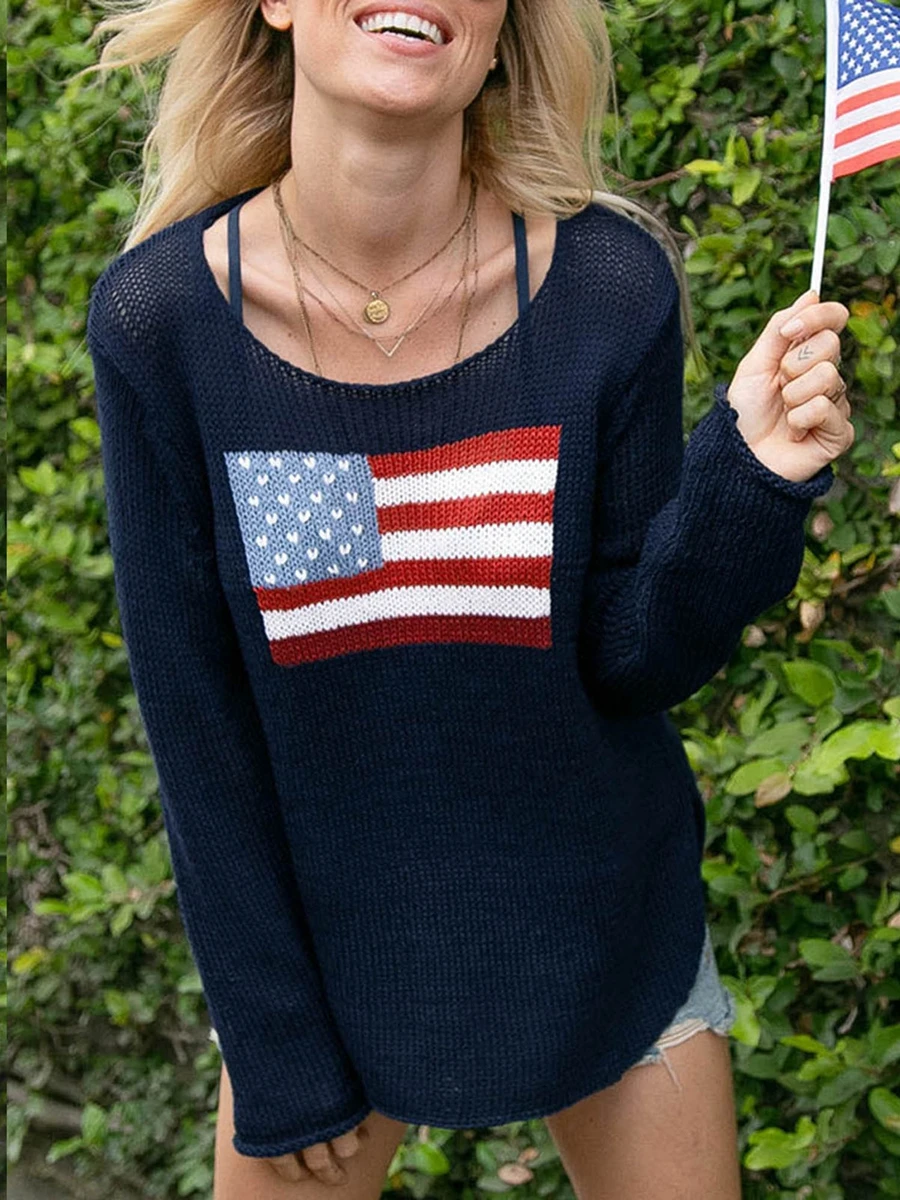 Women s Spring Autumn Knit Sweater Long Sleeve Crewneck Flag Print Loose Fitting Knitwear