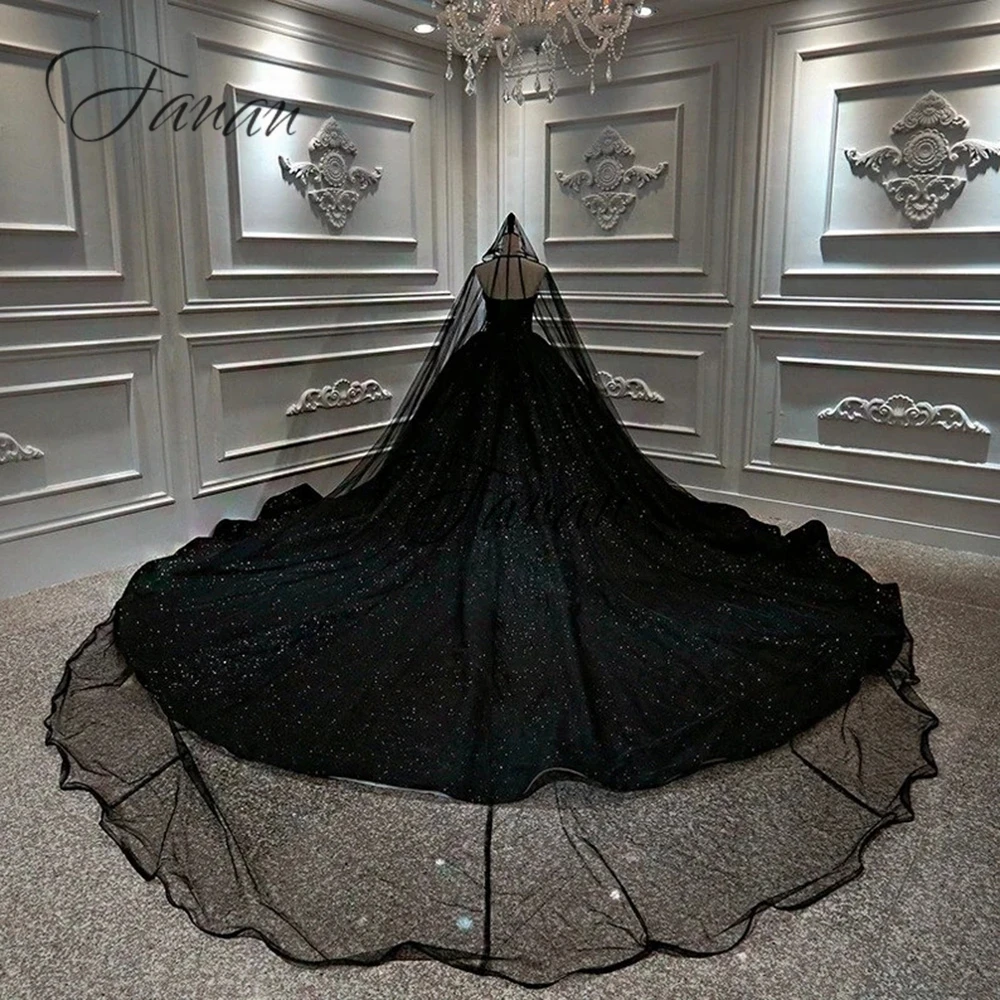 Customized Luxury Strapless Black Wedding Dresses Cathedral Train Halloween Ball Gown For Women Empire Princess Sequined Bridal 