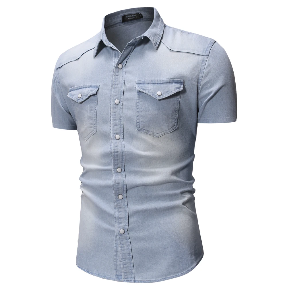 Denim Shirt Mens Cotton Jeans Shirt Fashion Autumn and Spring Men Slim Short Sleeve Cowboy Shirts Stylish Wash Slim Tops Dress