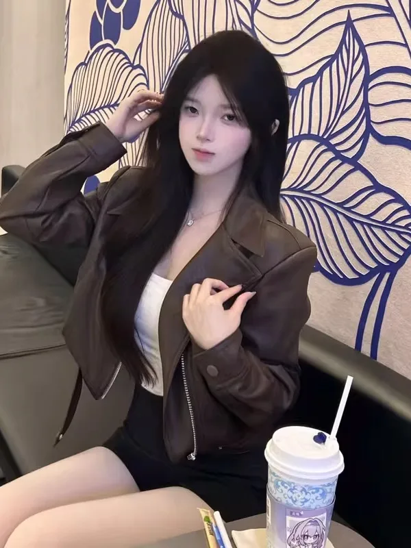 

Корейская короткая коричневая кожаная куртка, модная верхняя одежда, новинка весеннего сезона, женское пальто премиум-класса, бренд X-78