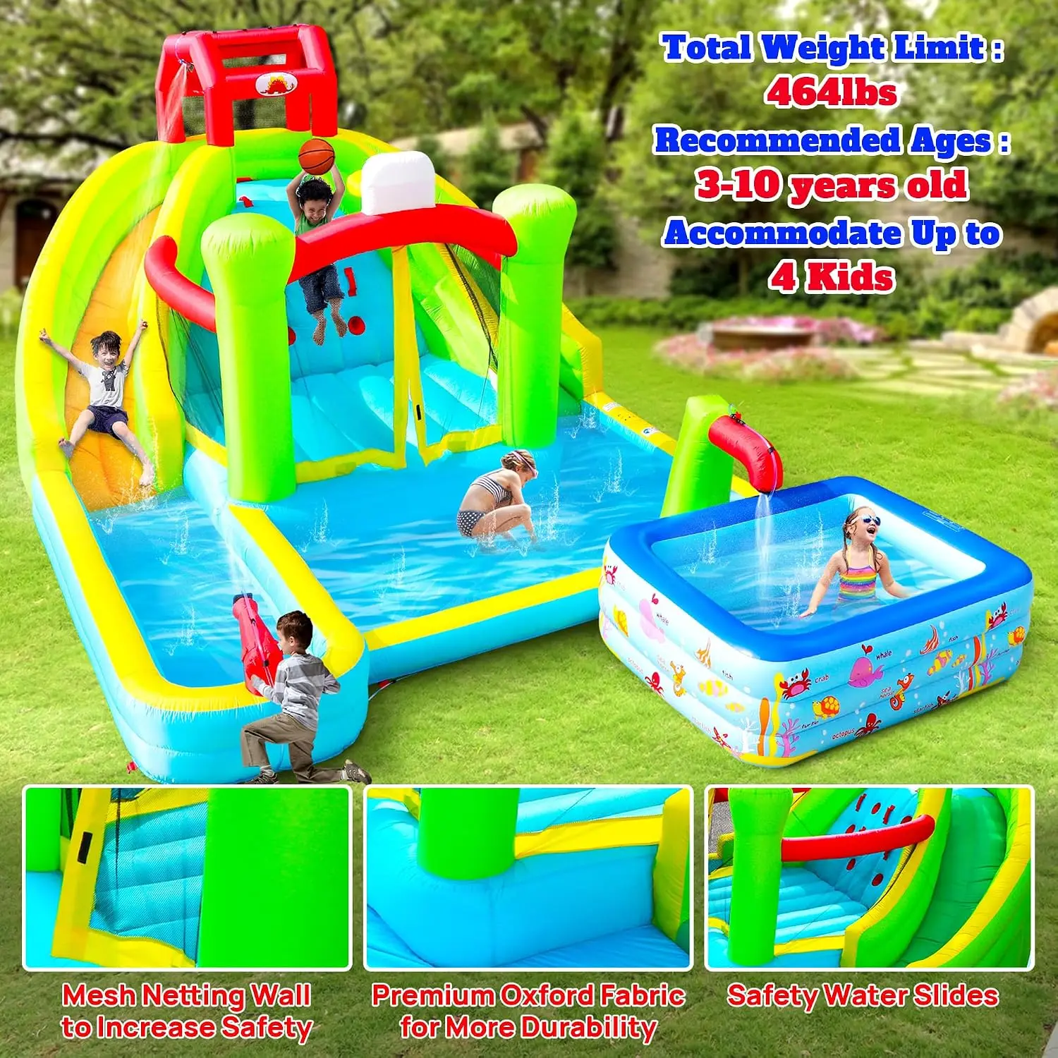 Inflatable Water Slide, 8 in 1 Bounce House with Double Long Slides, Jumping Castle for 4 Kids Ages 3-10, 520W Blower Waterslide view 3