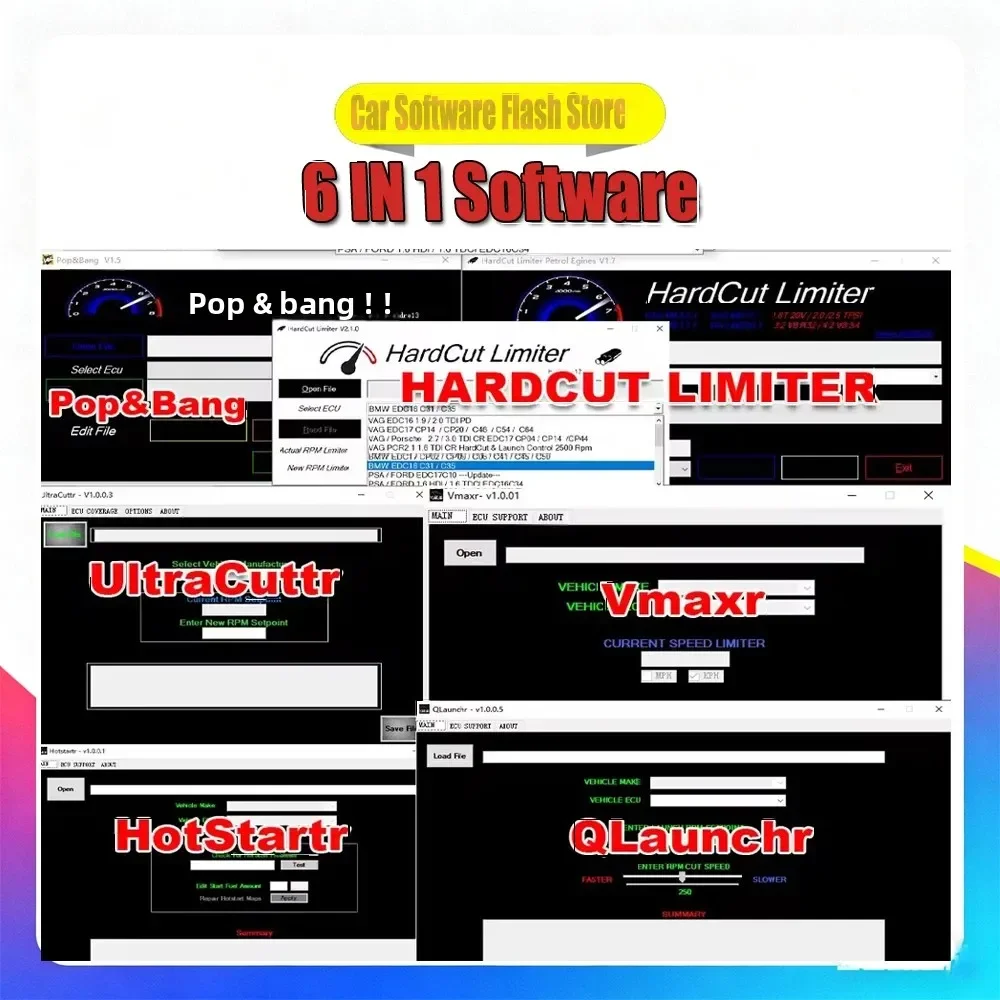 

ECU Software 6-in-1 Package for Diesel & Petrol Engines - HardCut Limiter UltraCuttr Pop&Bang HARDCUT VMAX HotStartr QLaunchr