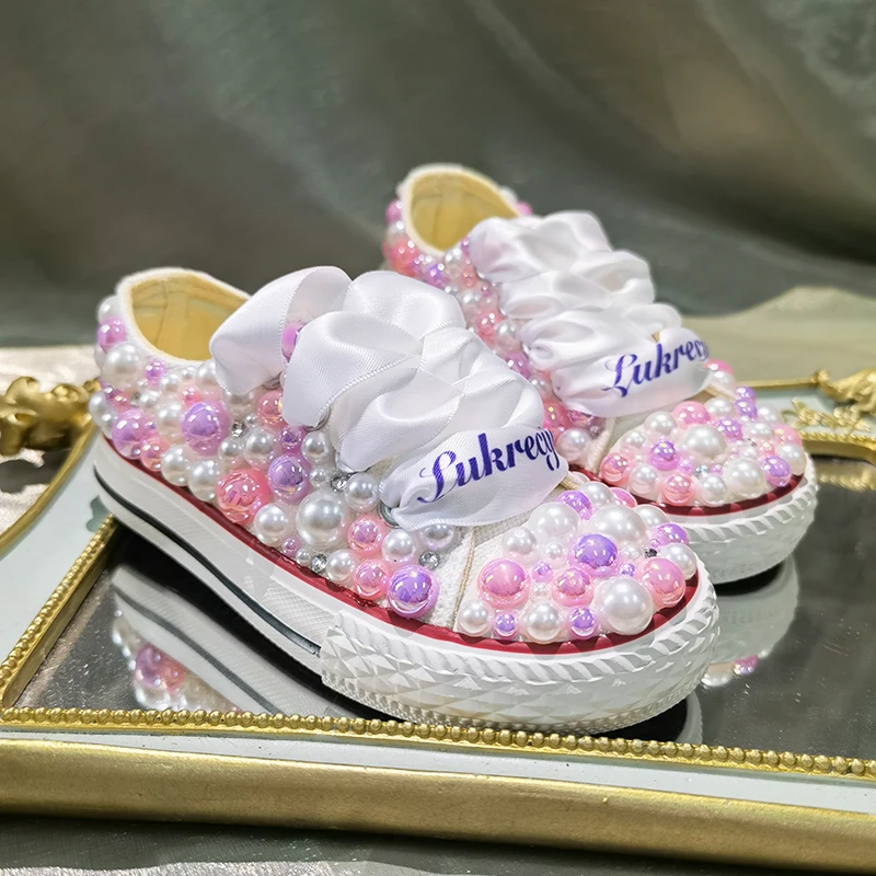 Name Date Custom Kids Canvas For Girl  Crystals Diamond Birthday Party Shoes Dollbling Handmade Bling Pears Sneakers