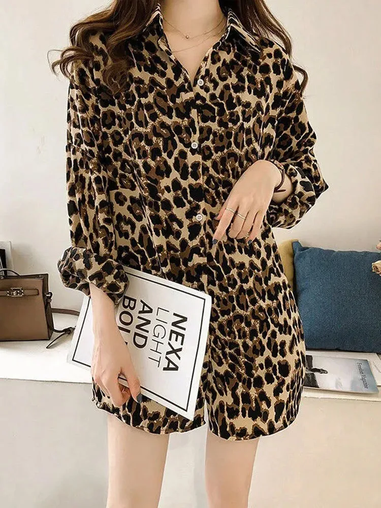 Zoki Retro Leopard Women Long Shirt Streetwear Oversize Loose Long Sleeve Y2K Tops Korean Fashion Female Spring Casual Blouse