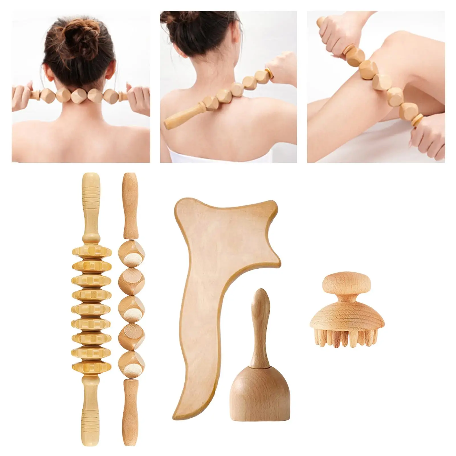 5 Count Wooden Fascia Massager Tool Set Roller Stick Cup Manual for Drainage, , Body Contouring