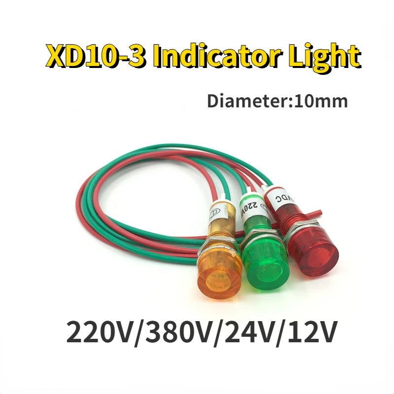 Uniteelec 5Pcs/lot Red/Orange/Green Mounting Diameter  10mm with Wire 220V/380V/24V Indicator Light