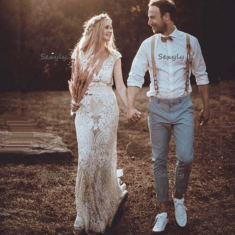 Crochet Lace Mermaid Boho Wedding Dress V Neck Backless Countryside Hippies Bohemian Wedding Dresses 2022 Plus Size Women Bride