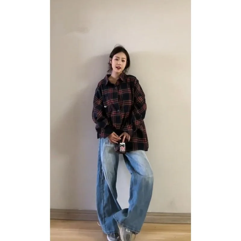 QWEEK Vintage Plaid Oversized Shirt Korean Style Streetwear Youth Women\'s Blouses Embroidery Long Sleeve Clothes Autumn Winter