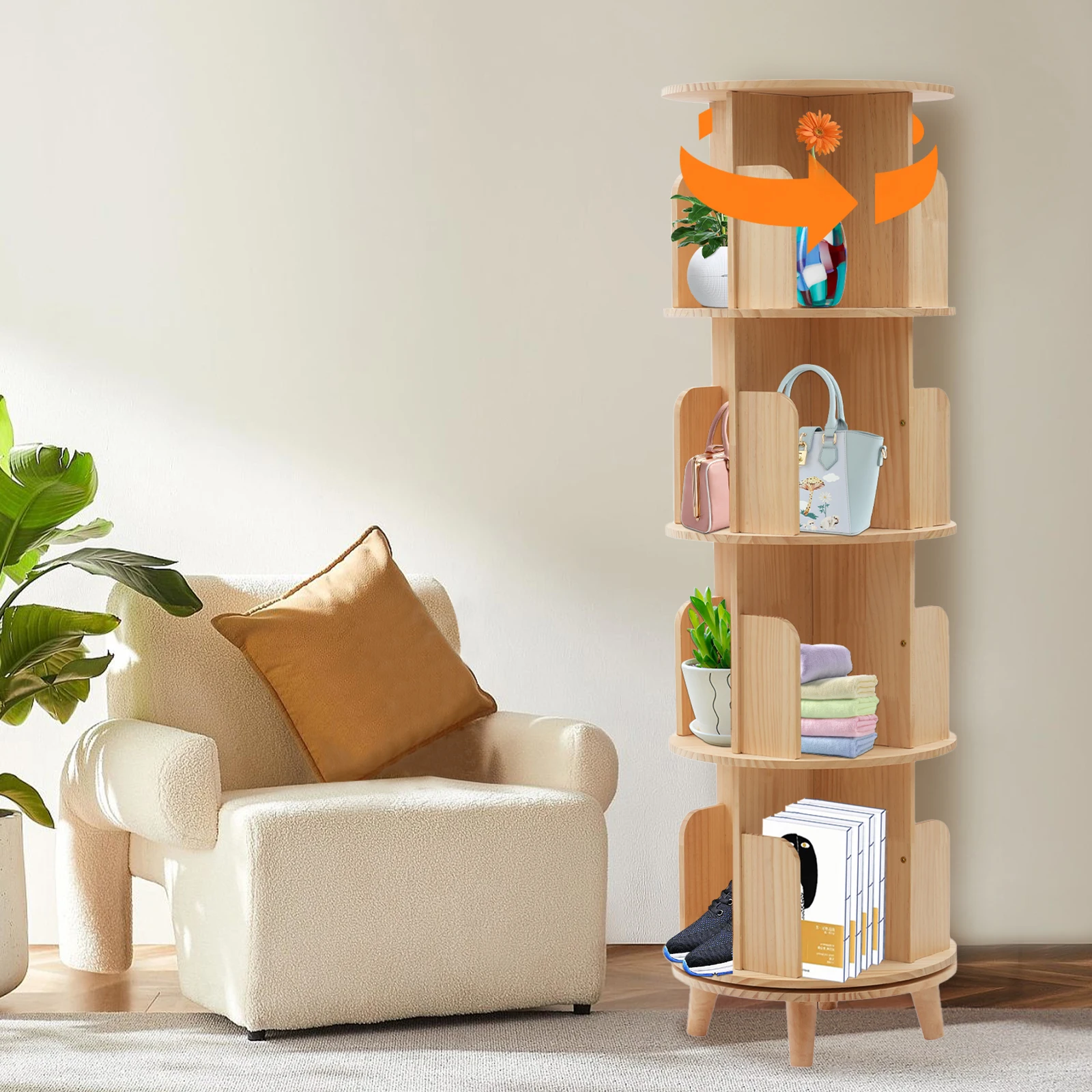 4 Tier Rotating Bookshelf Wooden Floor Standing Bookcase Modern 360° Revolving Storage Display Rack Corner Book Organizer