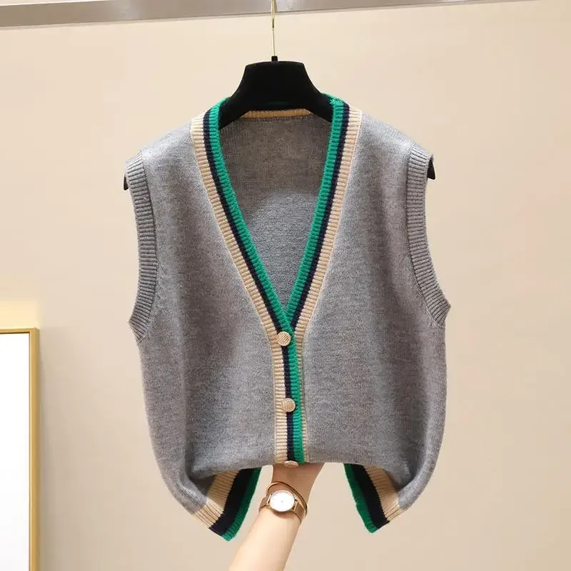 

Contrast Color V-neck Sleeveless Knitted Women's Trendy Fashion 2023 Autumn Winter Preppy Style Cardigan Button Vest Coat Tops