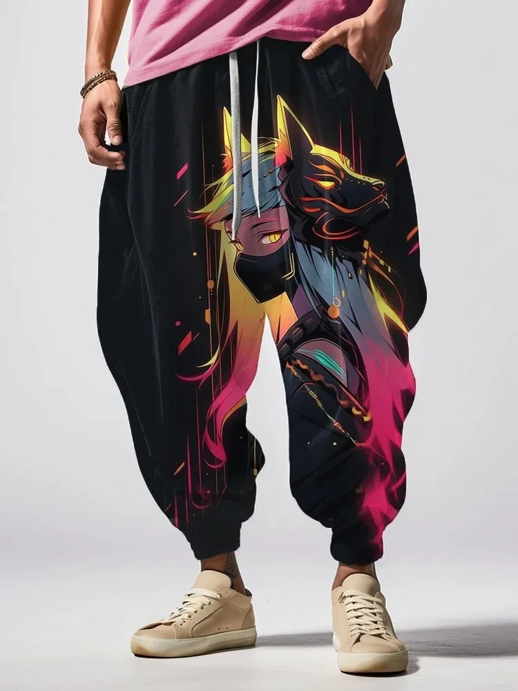 

Мужские длинные брюки, модные спортивные штаны с принтом «Призрак, огненная лиса, волшебная девушка», свободные спортивные штаны с завязками на талии и карманами, праздничные летние брюки