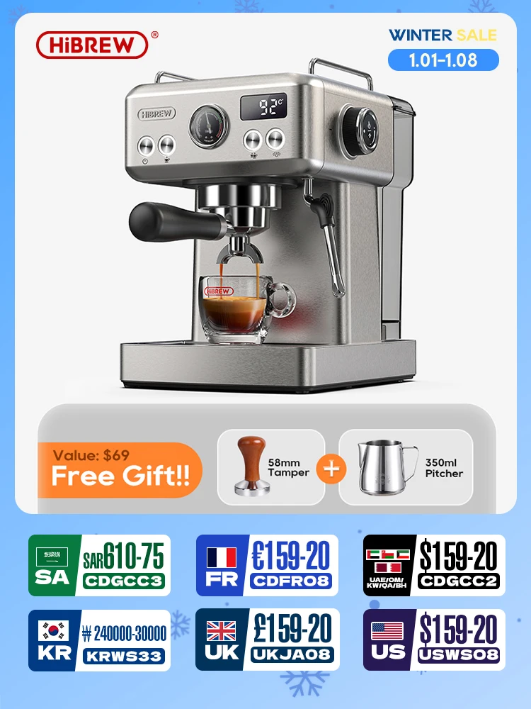 HiBREW 20Bar Semi Automatic Espresso Coffee Machine Temperature Adjustable 58mm Portafilter Cold/Hot Coffee Maker Metal CaseH10A