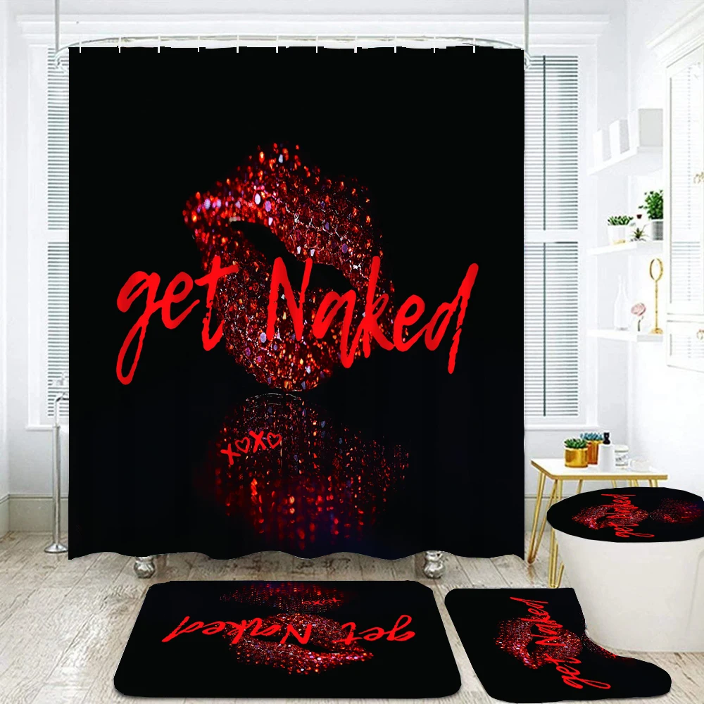 Get Naked Pattern Bathroom Curtain Set Sexy Red lips Print Shower Curtains Bath Mats Pedestal Rugs Toilet Cover Non-slip Carpet