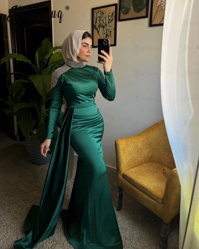 Green Dubai Crystals Evening Dress Middle East Muslim Wedding Guest Gowns Customized Long Celebrity Prom Dresses  Robe Soirée