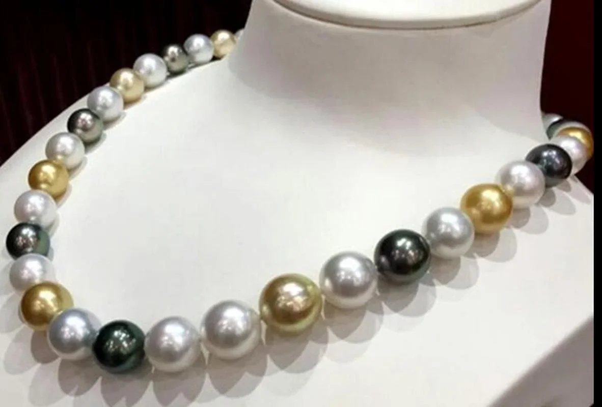 

Huge 18"13-14mm Natural Sea Genuine White Golden Black Multic Round Pearl Necklace Pendant for Woman Sterling Silver 925