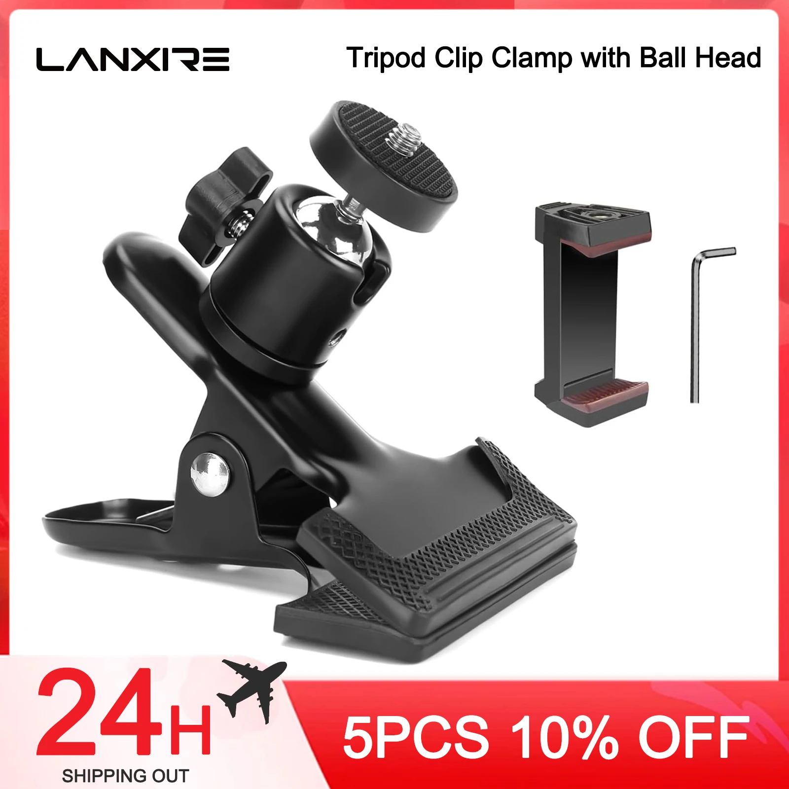 

Lanxire Tripod Clip Clamp with 360° Swivel Photography Ball Head 1/4" Threaded Screw, Heavy Duty Camera Mount with Phone Holder