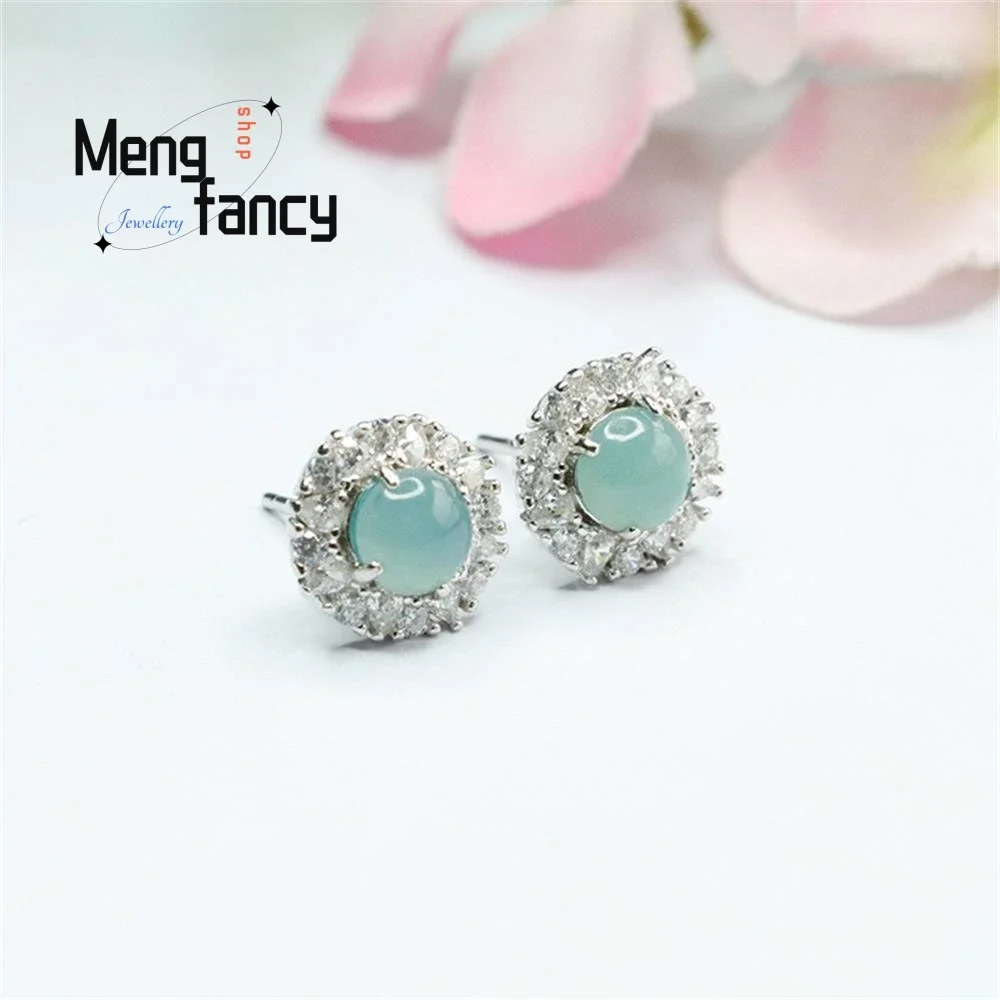 S925 Silver Lnlaid Natural Jadeite Ice Blue Water Earrings exquisite Elegant Simple High-grade Luxury Quality Fashion Jewelry