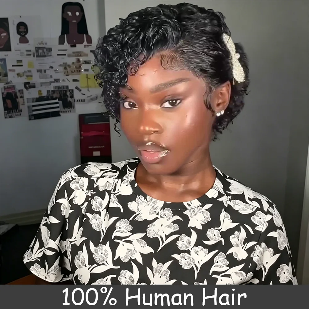Black Short Kinky Curly Lace Front Wig Natural Looking Afro Tiny Ringlet Curly Human Hair Wig with Pre Plucked Baby Hair