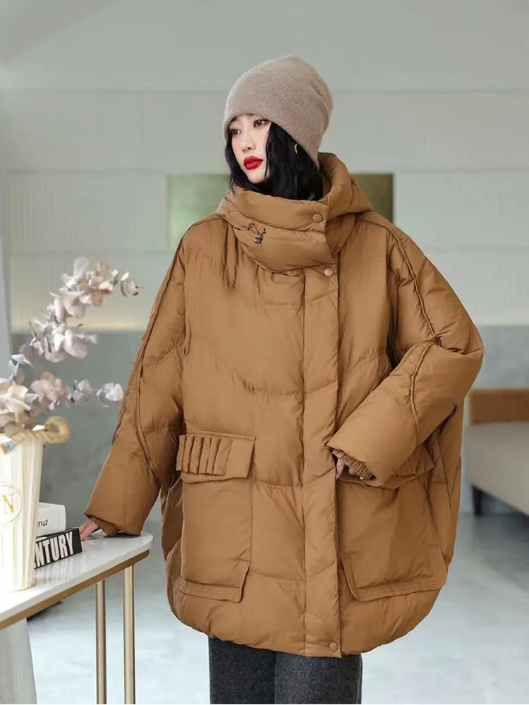 Down Jacket Women\'s New Fashion Winter White Duck Down Coat Drawstring Hooded Loose Puffer Feather Female Parkas Outwear