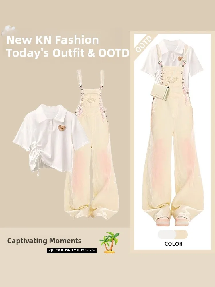 

College Style Belted T-Shirt Slimming Waist Summer New Arrival Fashion Set with Long Pants Polyester Fiber Short Sleeve ...