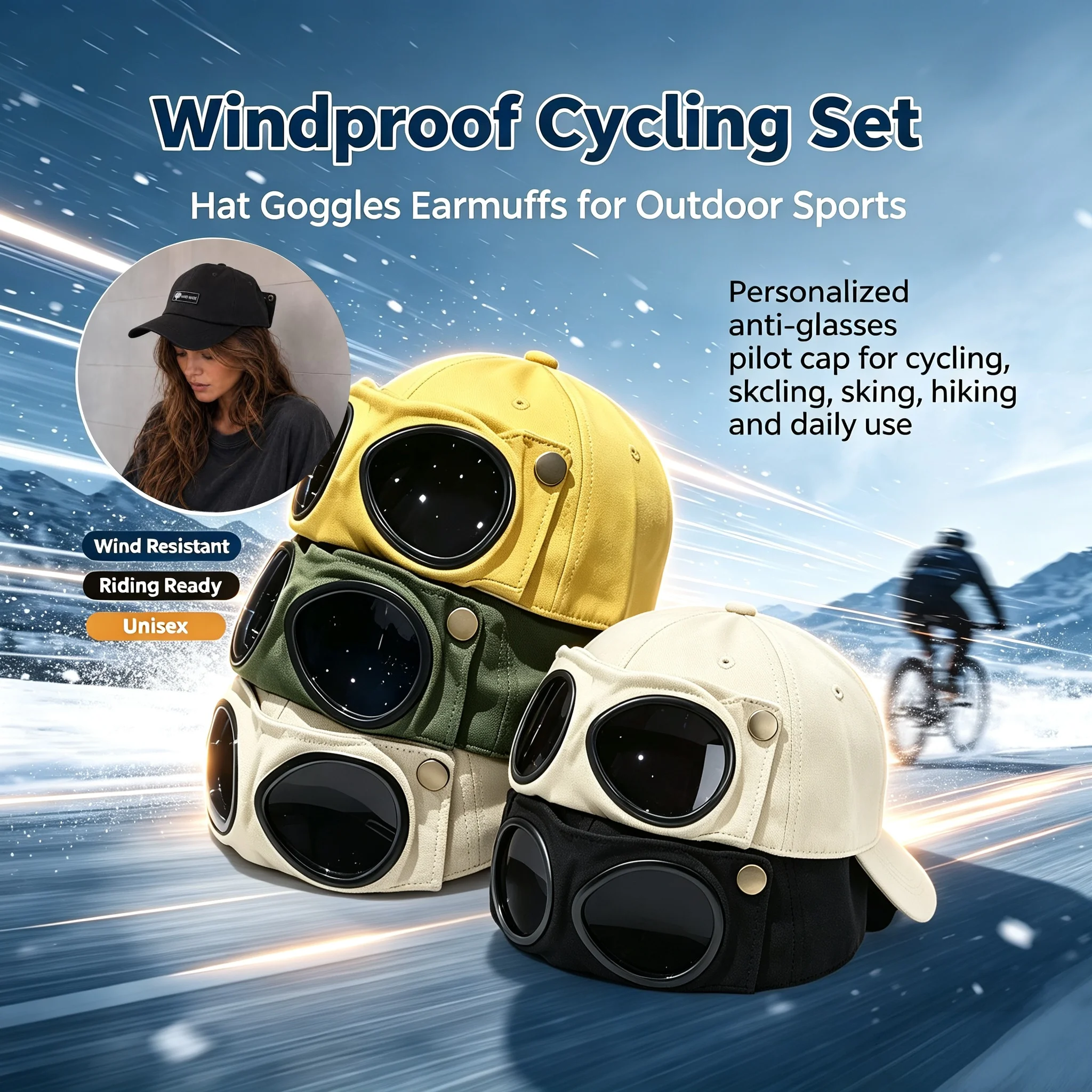 Windproof Cycling Baseball Cap with Built-in Goggles, Outdoor MTB Road Bike Riding Wind Resistant Unisex Sports Headwear Gear