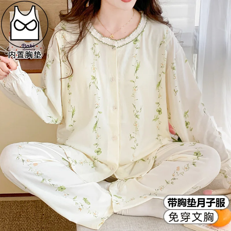 Autumn Thin Cotton Patchwork Lace Maternity Nursing Sleepwear Plus Size Loose Breastfeeding Pajamas Feeding Home Wear Lounge Set
