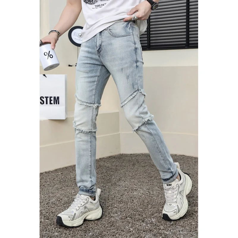 Retro Handsome Jeans Men's Stitching Street Trend Personality Locomotive Style American Stretch Slim Fit Tapered Pants