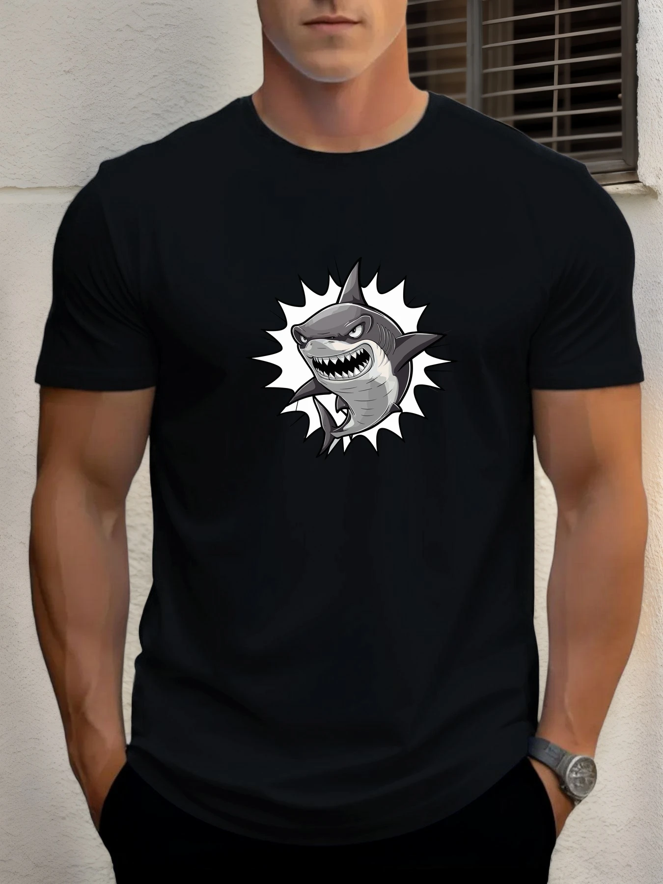 

T Shirt For Men Shark 100% Cotton Graphic Printing Summer Round Neck T-Shirt Casual Breathable Street Style Daily Top
